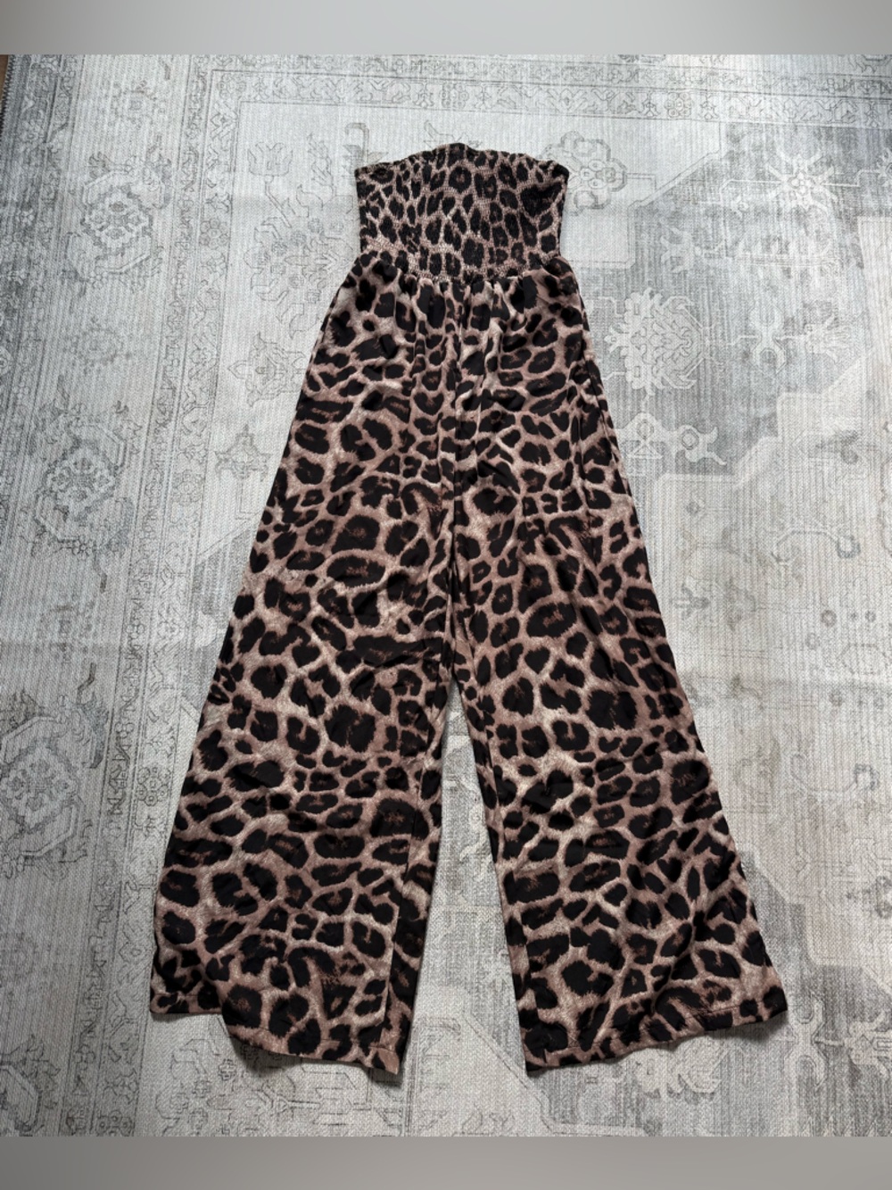 SHEIN Brown and Black Leopard Print Strapless Wide-Leg Jumpsuit